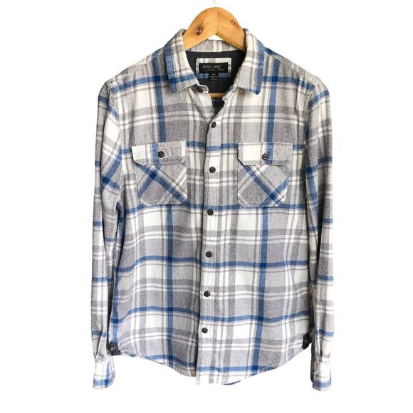 PROJEK RAW Men’s Flannel Plaid Button-Down Shirt 100% Cotton Blue Gray Small - Picture 1 of 14